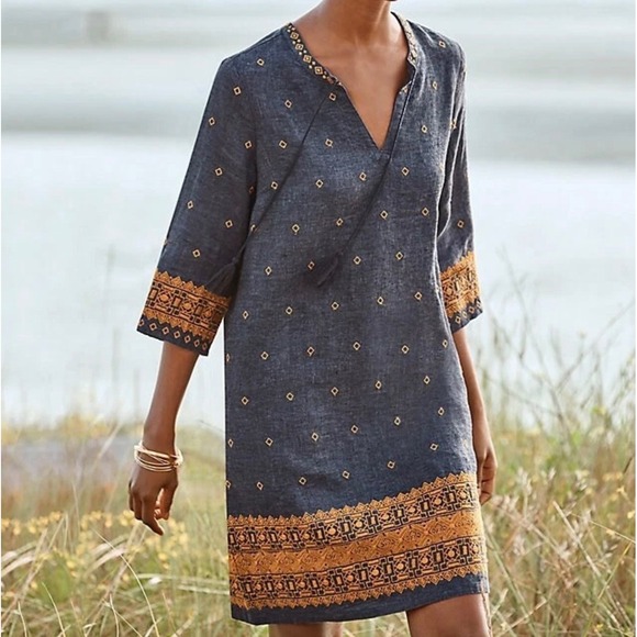 Garnet Hill Dresses & Skirts - Garnet Hill Embroidered Linen Popover Dress Blue Flax Embroidered Tassel Size 12